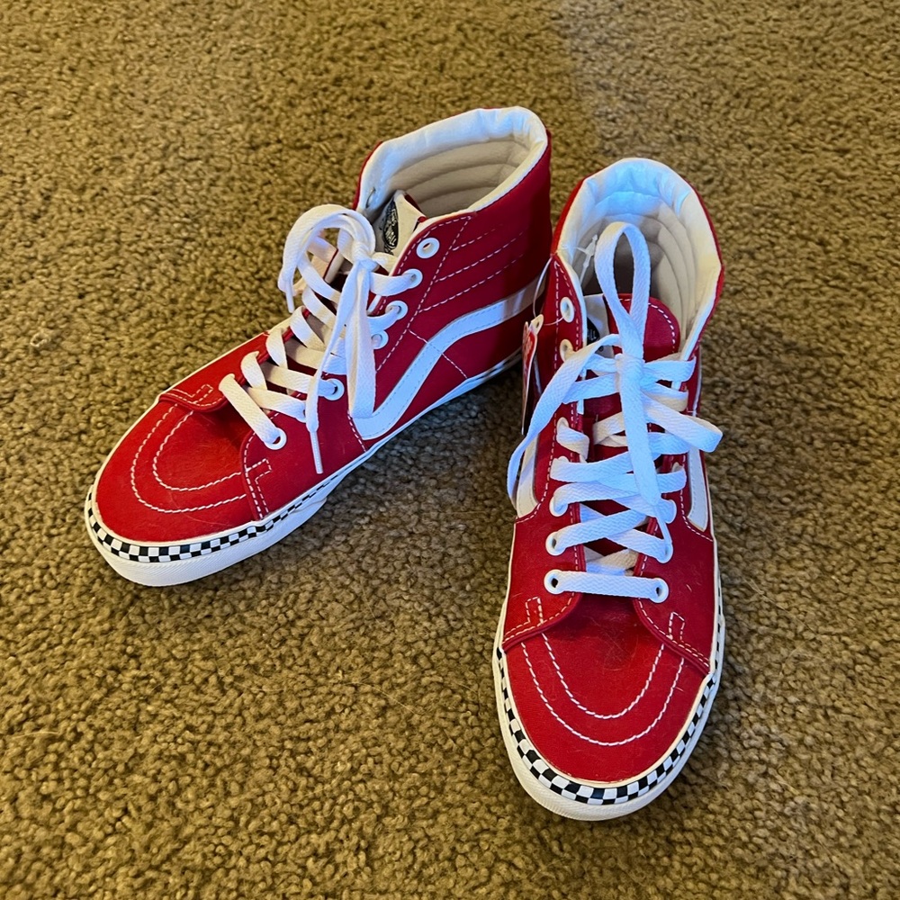 Red High Top Vans with Checkered Border